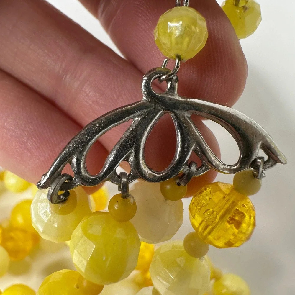 Vintage Yellow Beaded‎ Four Strand Statement Necklace Plastic Layered Sunny Mod